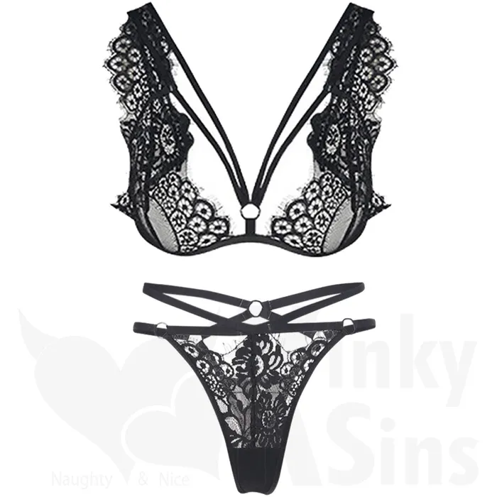 Anal | FREE SHIPPING Stunning Strappy Lace Bralette & Thong Lingerie Set