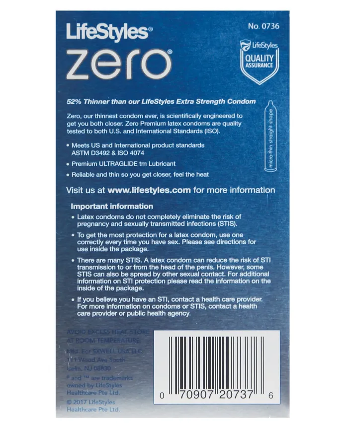 Lifestyles Zero Extra Lubricated Condoms - Pack Of 12 | Paradise Marketing Male Sex Toys