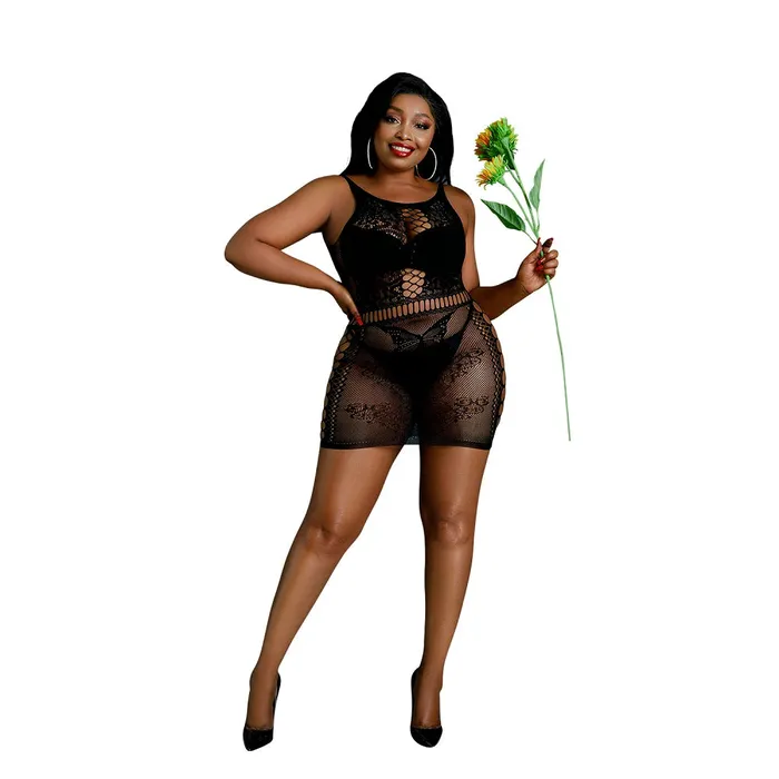 Moonlight Lingerie Plus Size Moonlight Black Cut Out Floral Mini Dress Plus Size