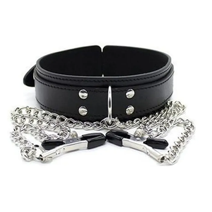 Vegan Leather Bondage Collar with adjustable Nipple clamps Kinky Fetish Restraint | Pleasure Bling Couples