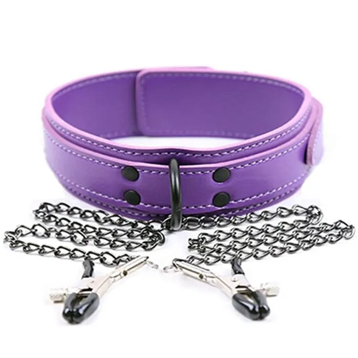 Vegan Leather Bondage Collar with adjustable Nipple clamps Kinky Fetish Restraint | Pleasure Bling Couples