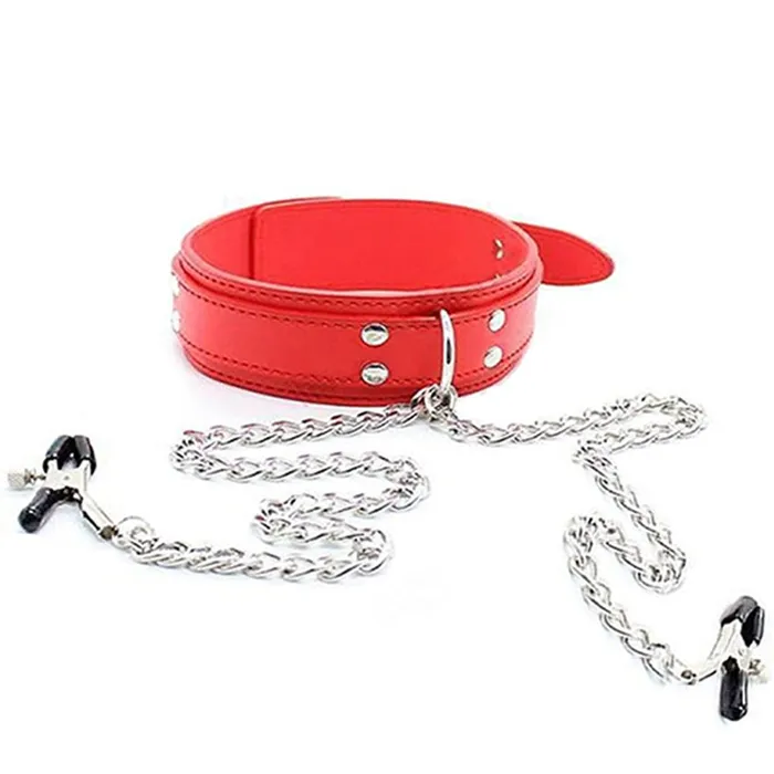 Vegan Leather Bondage Collar with adjustable Nipple clamps Kinky Fetish Restraint | Pleasure Bling Couples