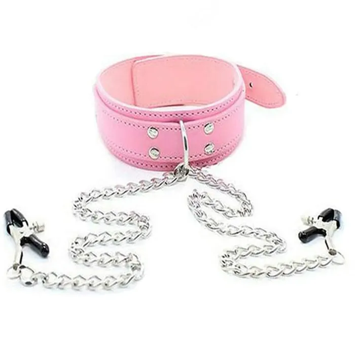 Vegan Leather Bondage Collar with adjustable Nipple clamps Kinky Fetish Restraint | Pleasure Bling Couples