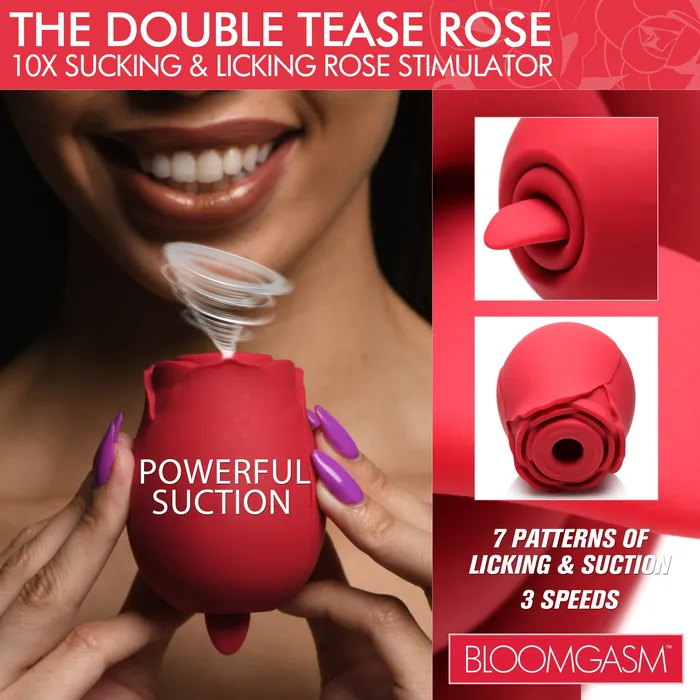 Vibrators XR Brands The Double Tease Rose 10x Sucking And Licking Silicone Stimulator