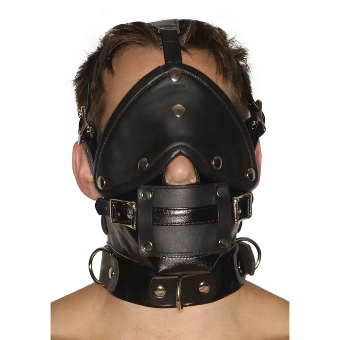 XR Brands Strict Leather Premium Muzzle With Blindfold And Gags Restraints